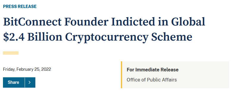 US department of Justice Press Release headline BitConnect Founder Indicted in Global $2.4 Billion Cryptocurrency Scheme