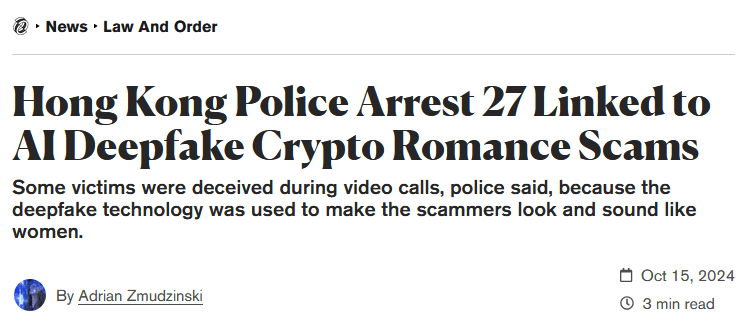 Decrypt headline Hong Kong Police Arrest 27 Linked to AI Deepfake Crypto Romance Scams