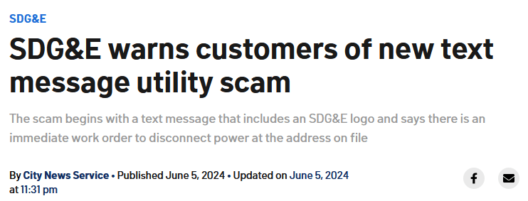 NBC7 San Diego headline SDG&E warns customers of new text message utility scam